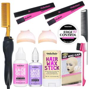 Dolahair Electric Hot Comb for Wigs Hair Straightener Electric Pressing Combs Lace Front Wigs Flat Iron Comb Lace Melting Band wig kit with hot comb wig installation kit