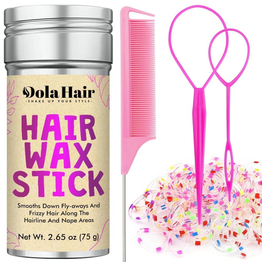imageDolahair Hair Wax Stick amp Accessories Flyaway Control for Kids amp Women 50 Pcs Colorful Elastic Hair Bands 1 Pcs Slick Back Hair Brush 2 Hair Loop Styling Tools PinkPink