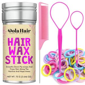 Dolahair Hair Wax Stick & Accessories – Flyaway Control for Kids & Women, 50 Pcs Colorful Elastic Hair Bands, 1 Pcs Slick Back Hair Brush, 2 Hair Loop Styling Tools (Pink)(Colorful)