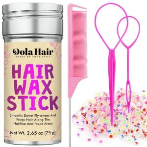 Dolahair Hair Wax Stick & Accessories – Flyaway Control for Kids & Women, 50 Pcs Colorful Elastic Hair Bands, 1 Pcs Slick Back Hair Brush, 2 Hair Loop Styling Tools (Pink)(Pink)