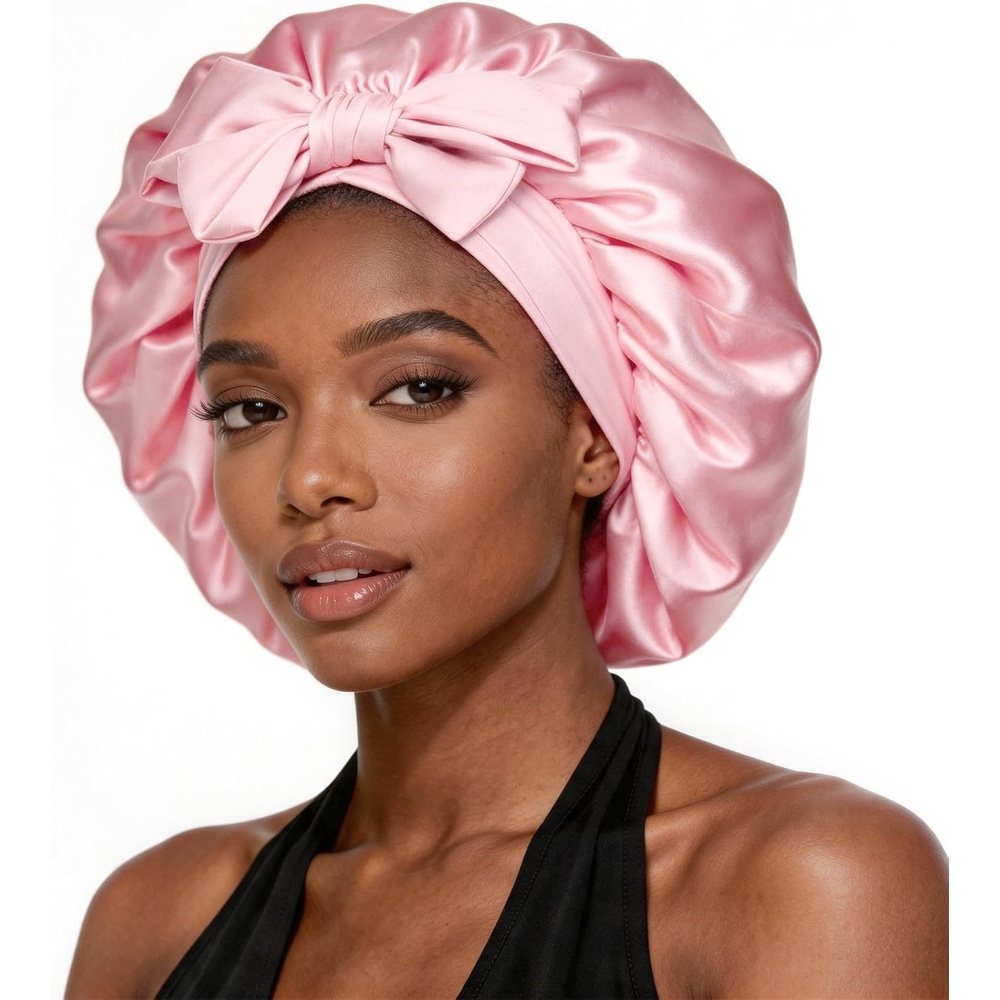 image:imageDolahair Satin Bonnet for Sleeping Women Adjustable Double Layer Hair Wrap Bonnet for Curly Long Hair Blush Pink